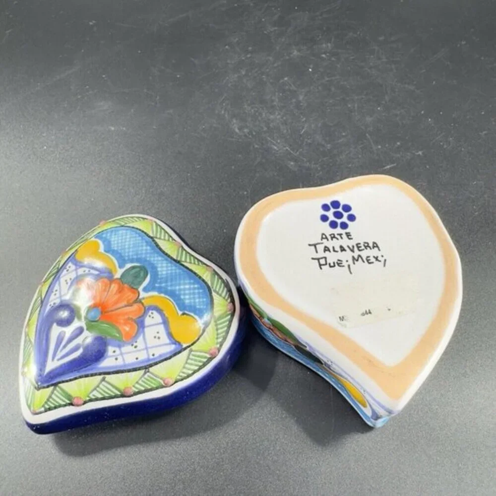 Mexico‎ Talavera Pottery Heart Shaped Trinket Dish Container Jewelry Holder VTG